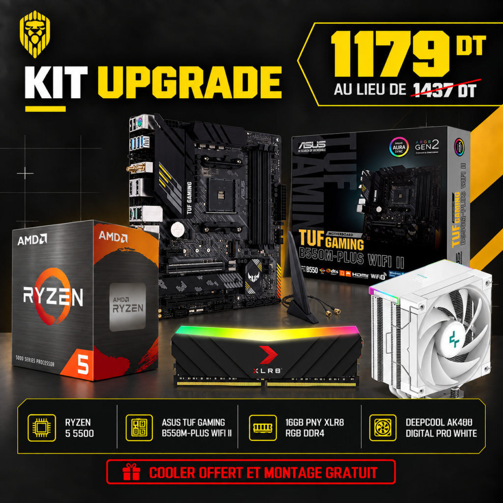Kit upgrade AMD Ryzen 5 5500 avec ASUS TUF B550M WIFI, 16GB RAM RGB PNY et AK400 Digital Pro – Expert Gaming Tunisie