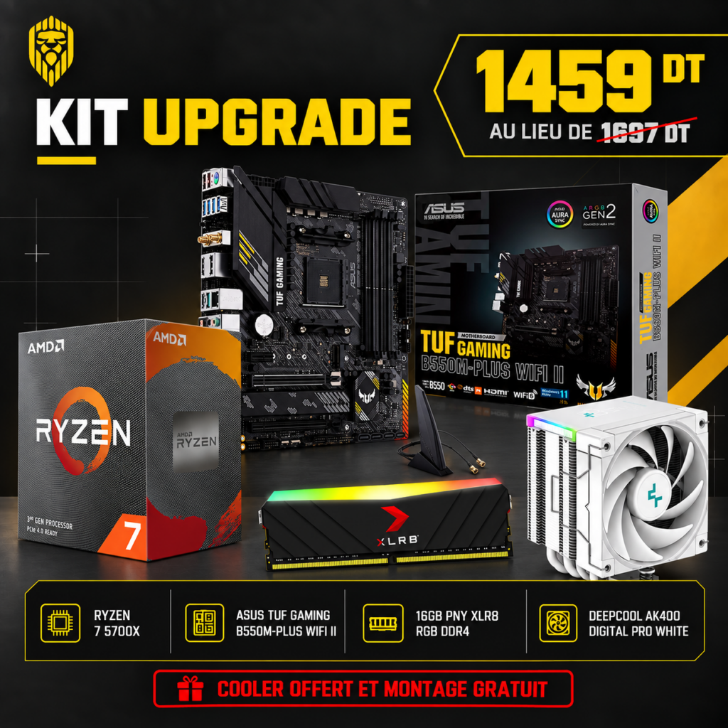 Kit upgrade AMD Ryzen 7 5700X avec ASUS TUF B550M-PLUS WIFI, RAM PNY 16GB RGB et ventirad AK400 Digital Pro offert – Expert Gaming Tunisie
