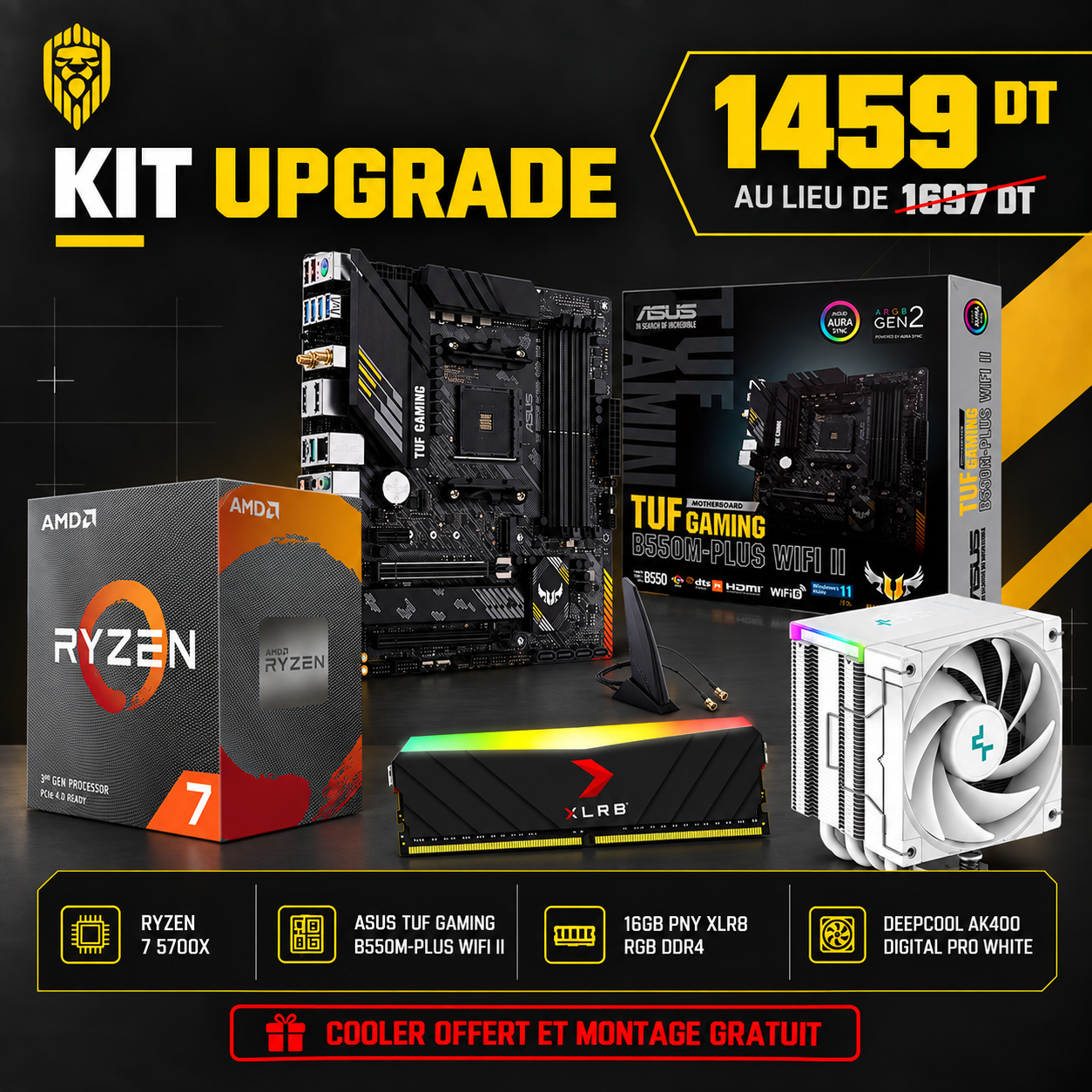 Kit upgrade AMD Ryzen 7 5700X avec ASUS TUF B550M-PLUS WIFI, RAM PNY 16GB RGB et ventirad AK400 Digital Pro offert – Expert Gaming Tunisie