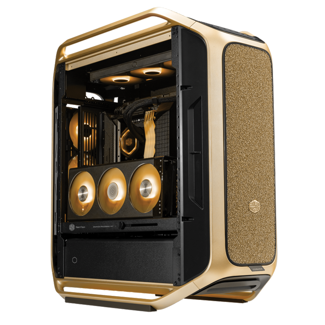 Boitier Cooler Master Cosmos Alpha Gold Édition Limitée – vue de face, finition dorée exclusive