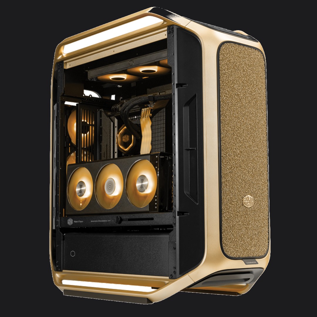 Boitier Cooler Master Cosmos Alpha Gold Édition Limitée – vue de face, finition dorée exclusive